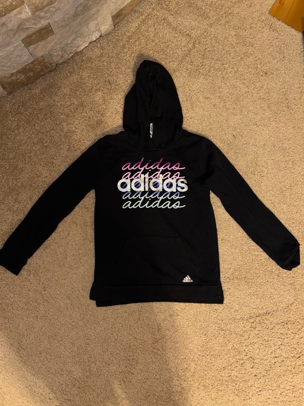 adidas Black Hoodie with Pink and Blue Script Logo Sz 16/XL